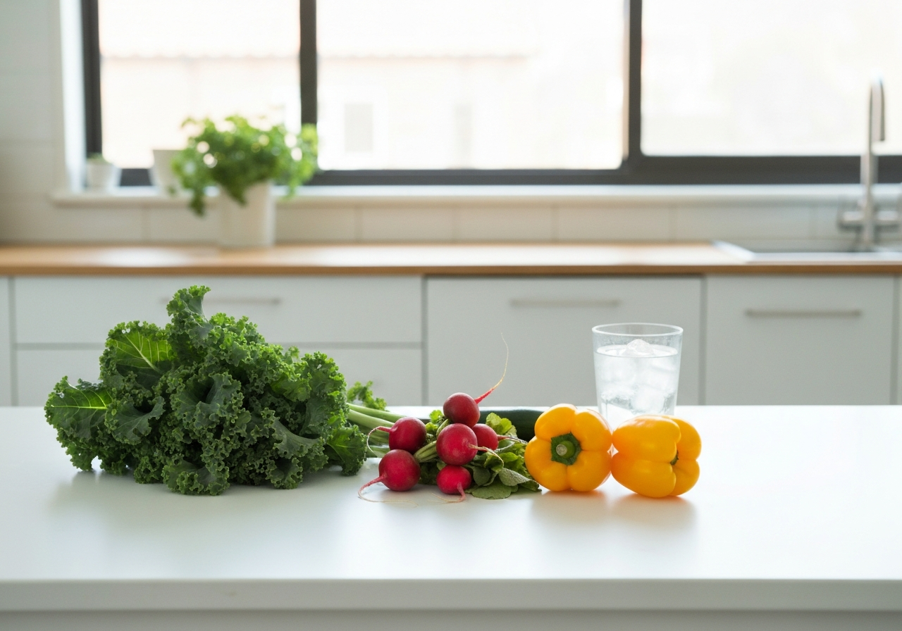 A flat lay of vibrant, whole-food ingredients like leafy greens, colorful vegetables, and water in a minimalist kitchen setting, clean, editorial photography, soft natural light, high-end culinary magazine style, 85mm lens, no text, no letters.