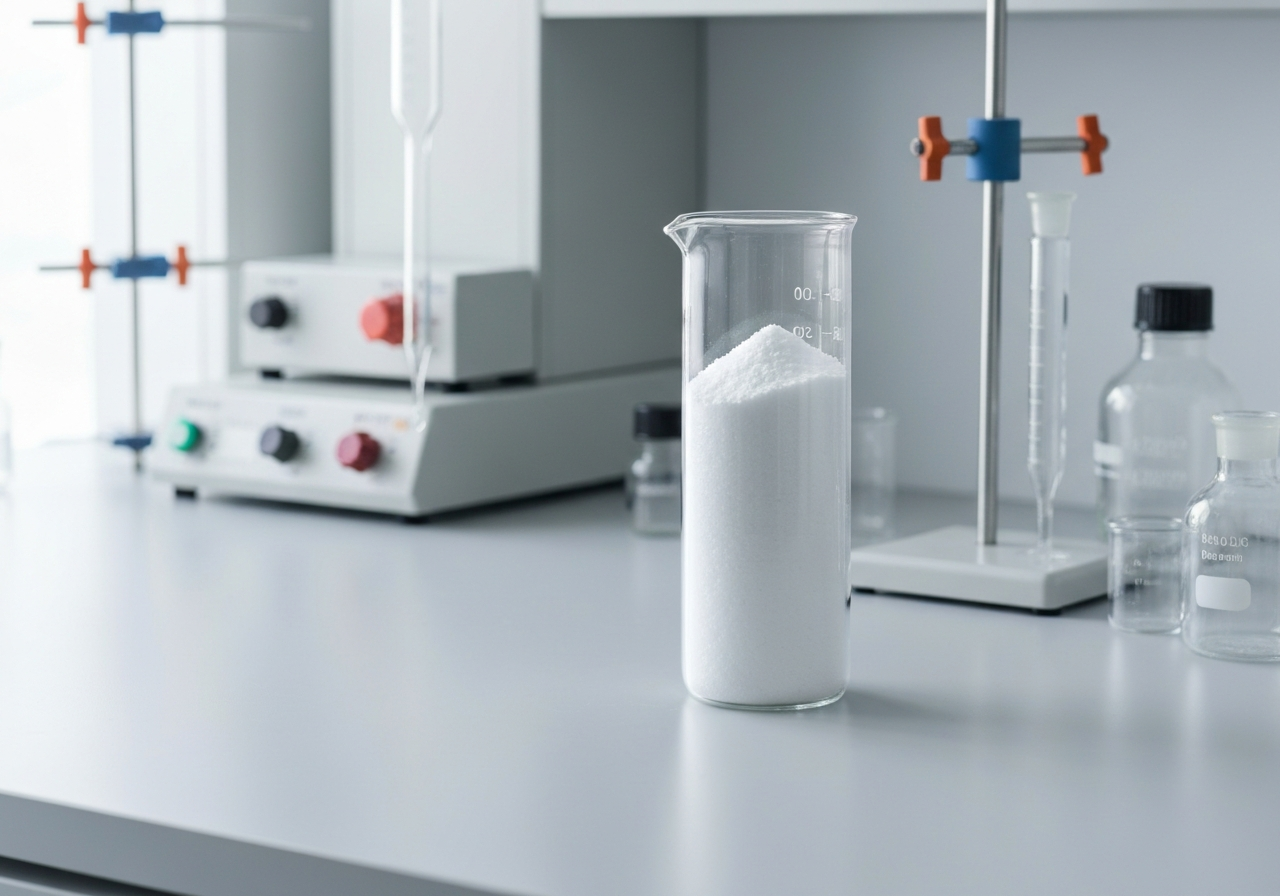 A clean, minimalist laboratory setting featuring a glass beaker with a white crystalline powder, soft natural light, professional scientific aesthetic, 85mm lens, high resolution, no text, no letters