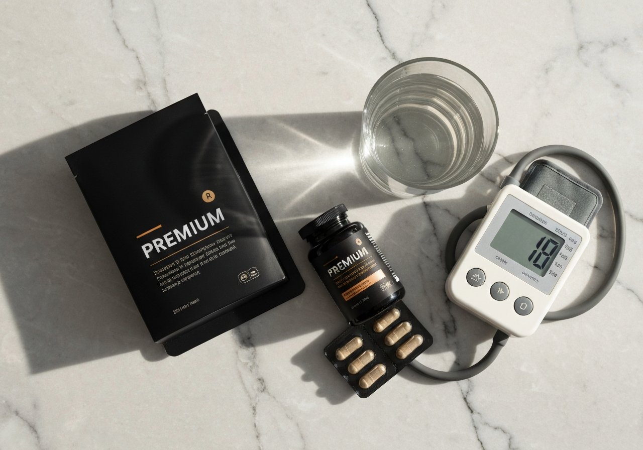 A minimalist flat lay of premium dietary supplement capsules next to a glass of water and a professional blood pressure monitor on a marble countertop, soft natural morning light, clean aesthetic, 85mm lens, high resolution, no text, no letters