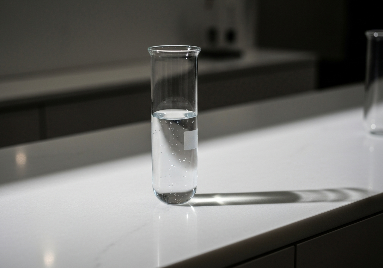 A futuristic glassware containing a clear, glowing molecular liquid on a minimalist stone counter, soft natural light, professional editorial style, 85mm lens, depth of field, no text, no words, no letters.