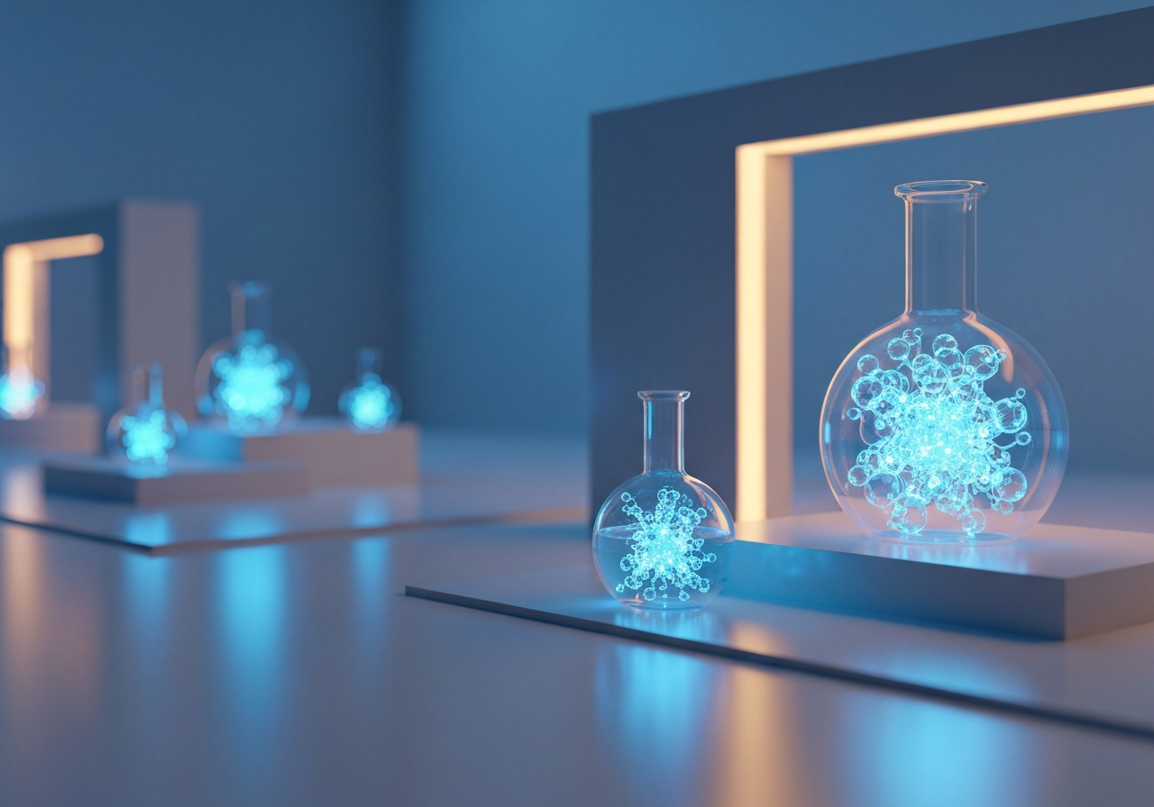 A futuristic laboratory setting with elegant glassware containing a glowing molecular liquid, minimalist design, soft clinical blue and warm amber lighting, cinematic depth of field, 85mm lens, high-end editorial aesthetic, no text, no words, no letters