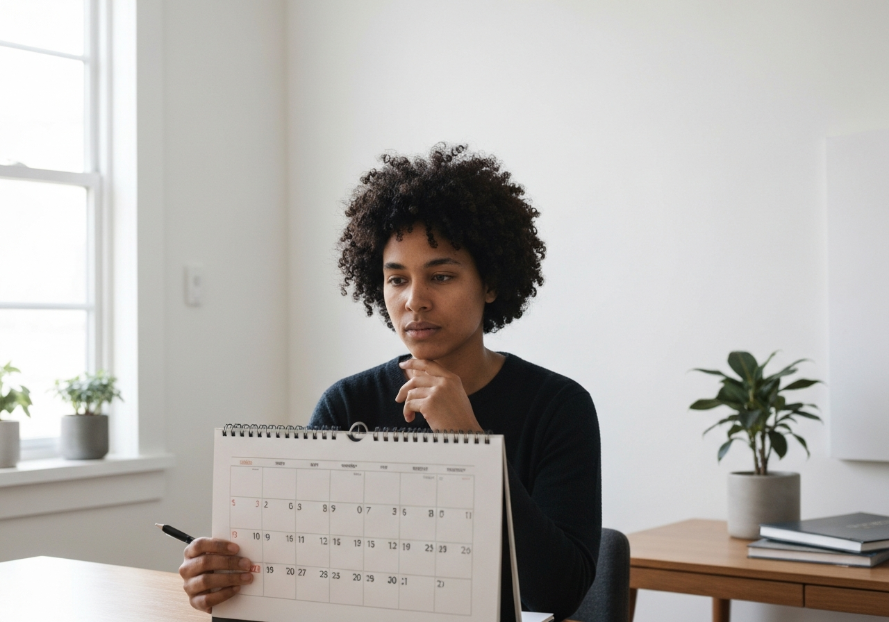 A person looking at a calendar with a thoughtful expression, clean minimalist home office, modern aesthetic, editorial photography, soft natural lighting, 85mm lens, high resolution, no text, no words, no letters