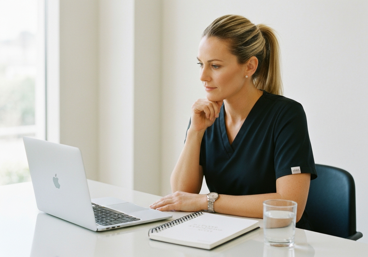 A professional nutritionist working on a sleek minimalist desk with a journal and a glass of water, bright modern interior, editorial photography, soft natural light, 85mm lens, high quality, no text, no letters