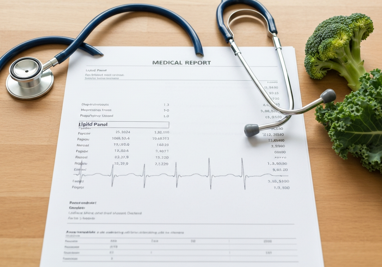 A professional medical report showing a lipid panel blood test on a clean wooden table, next to a stethoscope and fresh green vegetables, editorial photography, soft natural light, 85mm lens, high resolution, no text, no letters