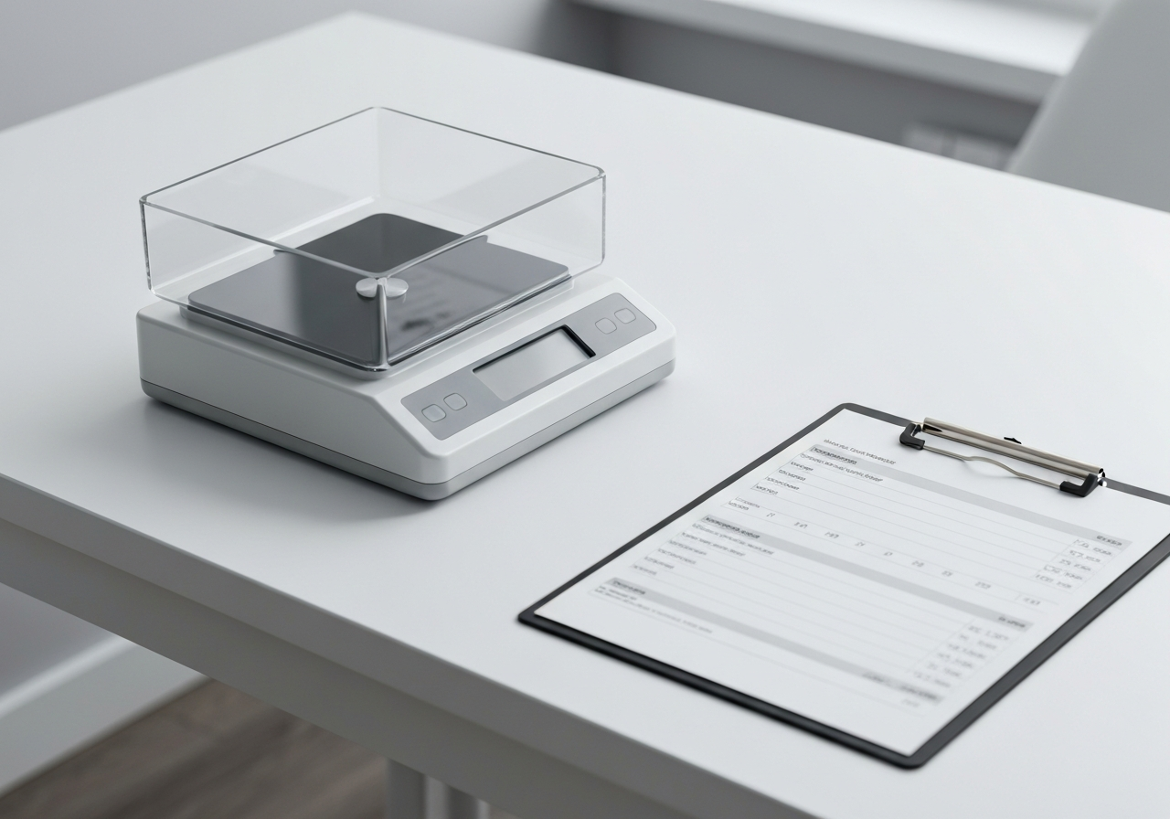 A professional medical scale and a clipboard with blood test results on a clean, white modern desk, clinical setting, editorial photography, soft natural light, 85mm lens, highly detailed, no text, no letters