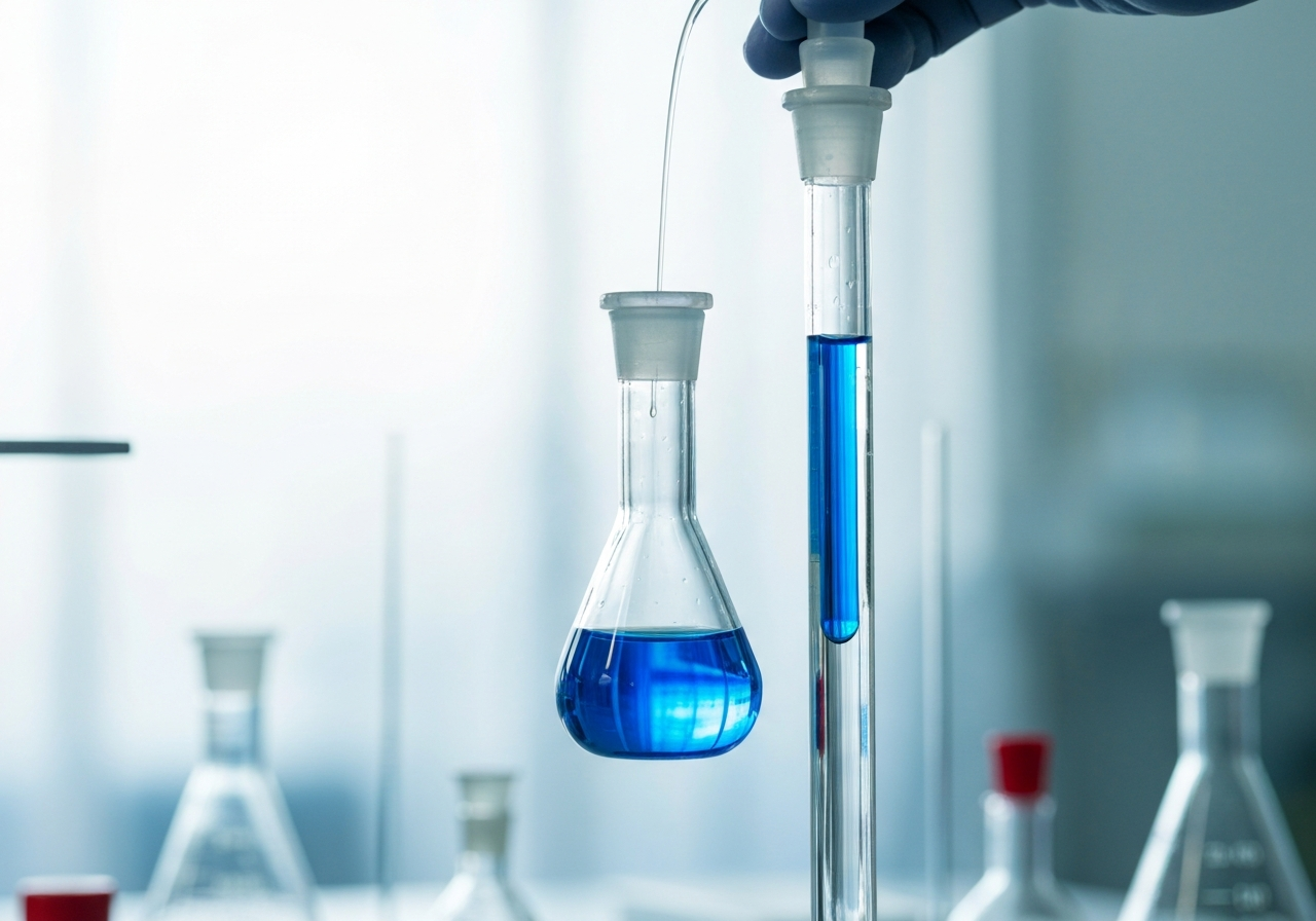 A professional laboratory glass burette performing a titration with a blue indicator turning into clear liquid, modern scientific workspace, bright clinical lighting, soft bokeh background, editorial style, macro photography, 85mm lens, no text, no words, no letters.