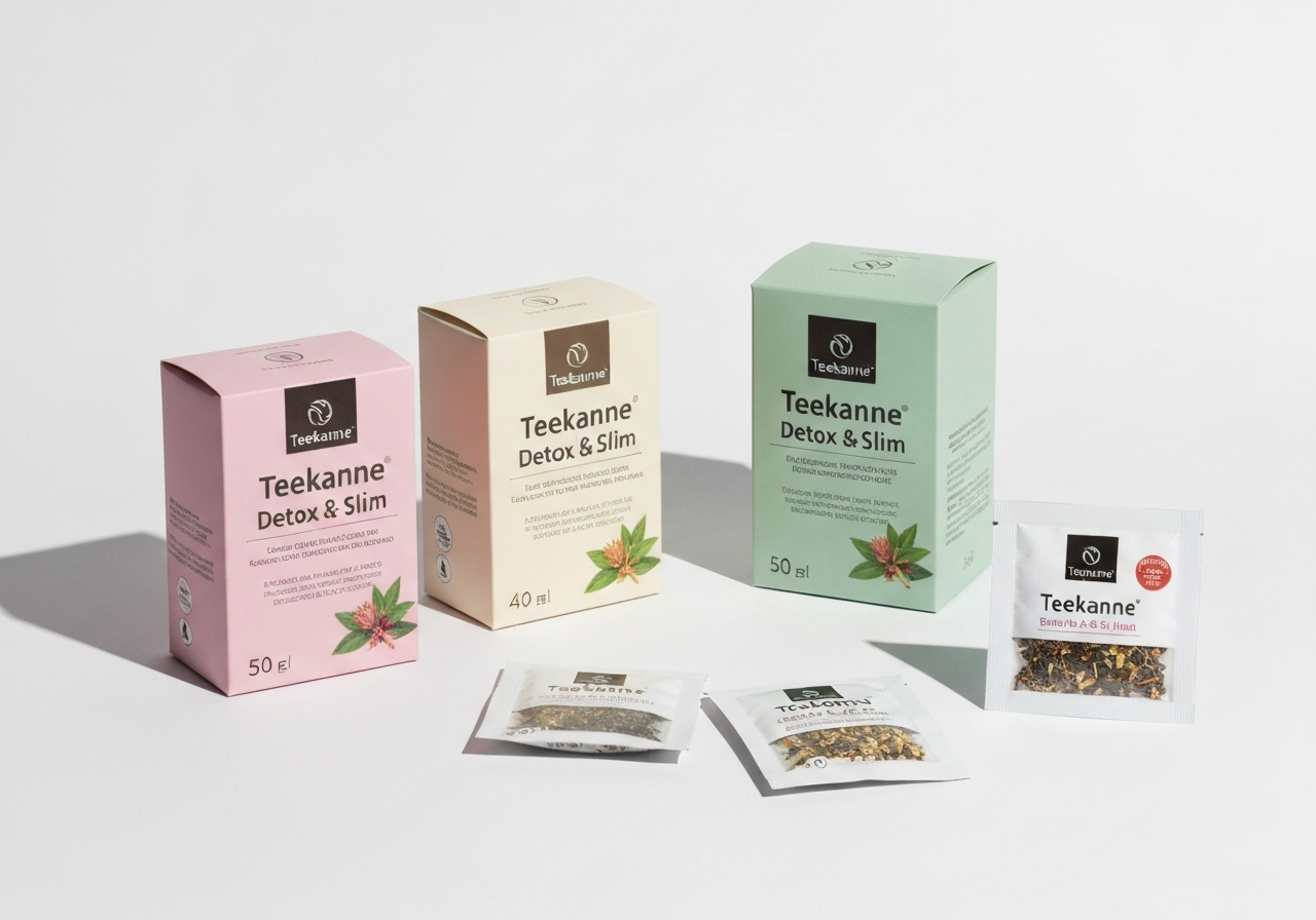Teekanne Detox Slim: Funguje? Zjistěte v recenzi! 2 A visually appealing arrangement of Teekanne Detox & Slim tea packaging and sachets, surrounded by fresh yerba mate leaves, hibiscus flowers, mint sprigs, and passionfruit slices, set against a clean, modern white background, editorial photography, premium aesthetic, soft natural light, 85mm lens, highly detailed, no text, no words, no letters