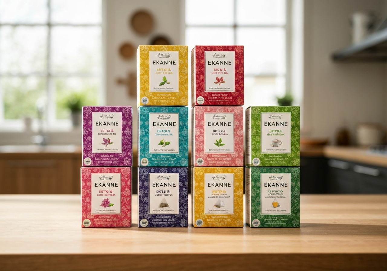 Teekanne Detox Slim: Funguje? Zjistěte v recenzi! 3 A flat lay of six boxes of Teekanne Detox & Slim tea arranged symmetrically on a clean, light wooden table, next to a ceramic cup of hot tea and fresh lemon slices, bright airy kitchen environment, professional editorial style, soft natural lighting, 85mm lens, high resolution, no text, no words, no letters