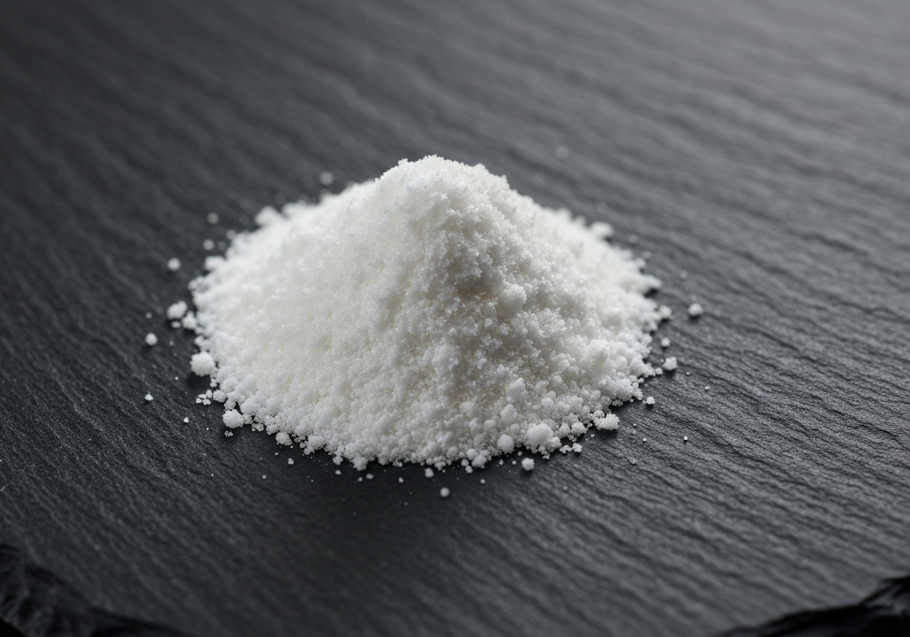 A professional editorial close-up shot of a crystalline ascorbic acid powder on a dark slate surface, macro photography, scientific aesthetic, clean lighting, 85mm lens, high resolution, no text, no words, no letters.