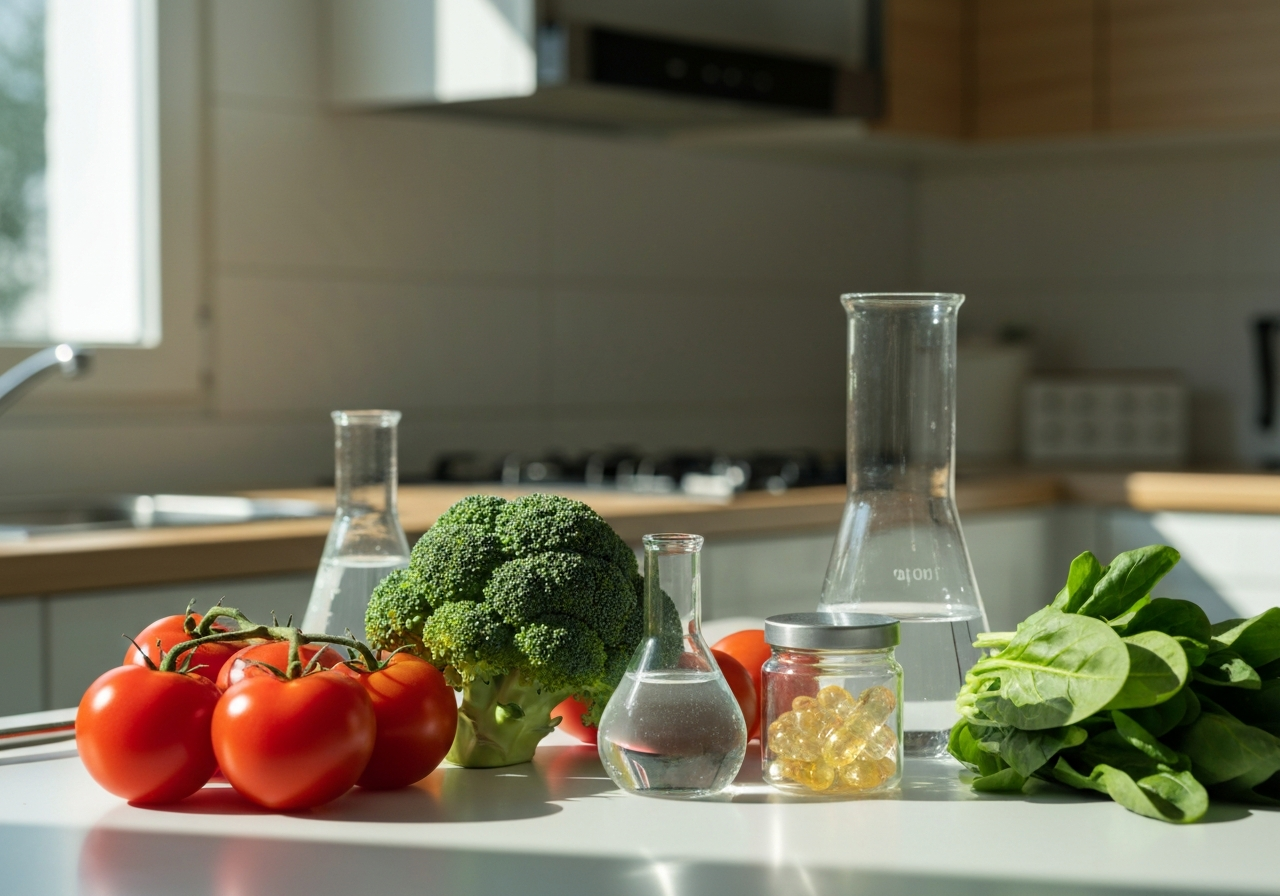 A professional nutritionist's workspace featuring a variety of fresh colorful vegetables next to laboratory glassware and crystalline vitamin C supplements, clean modern kitchen aesthetic, soft natural sunlight, 85mm macro lens, high detail, no text, no letters