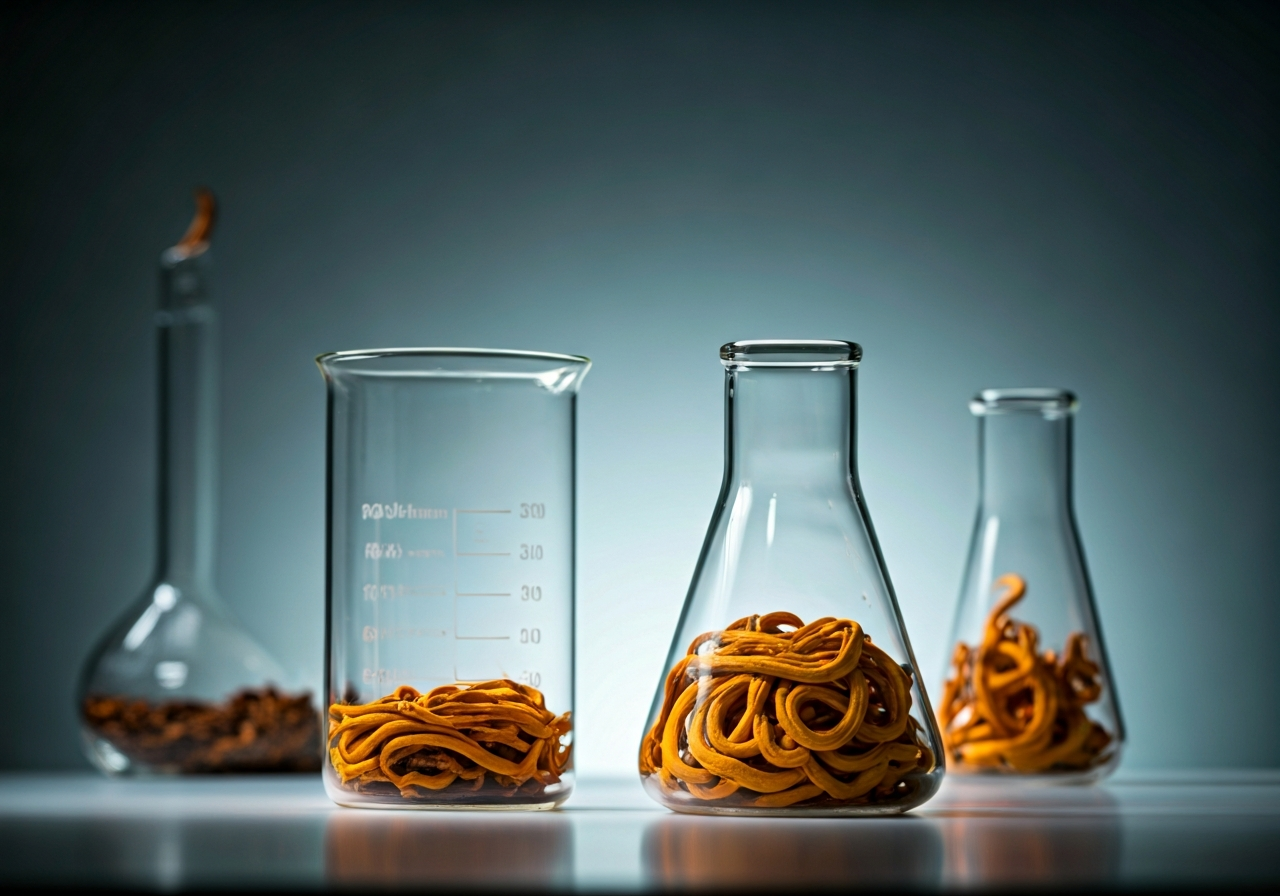 A professional laboratory setting with glass beakers containing Cordyceps fungi, a modern and clean aesthetic, editorial photography, soft natural light, 85mm lens, depth of field focused on cellular structures, no text, no words, no letters