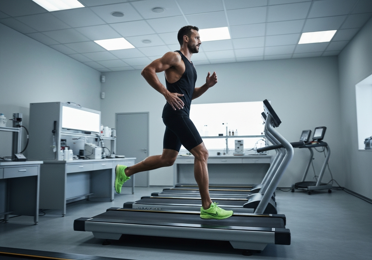 A professional athlete running on a high-tech treadmill in a minimalist, modern laboratory setting, focused expression, cinematic lighting, shallow depth of field, 85mm lens, premium editorial aesthetic, no text, no letters