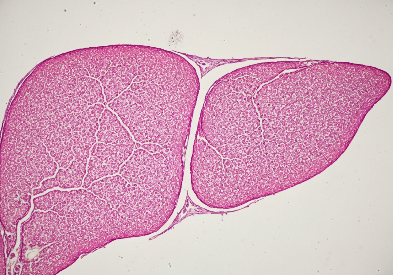 A stylized microscopic visualization of healthy liver tissue showing hepatocyte structures, clinical laboratory aesthetic, clean and scientific, soft diffused lighting, 85mm lens, high resolution, no text, no letters