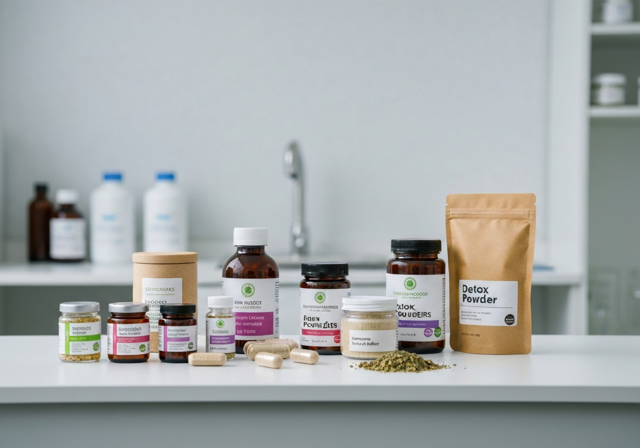 A professional medical setting showing a collection of unlabeled herbal supplements and detox powders on a sterile laboratory table, editorial photography, modern, clinical, clean, soft natural light, 85mm lens, highly detailed, no text, no words, no letters.