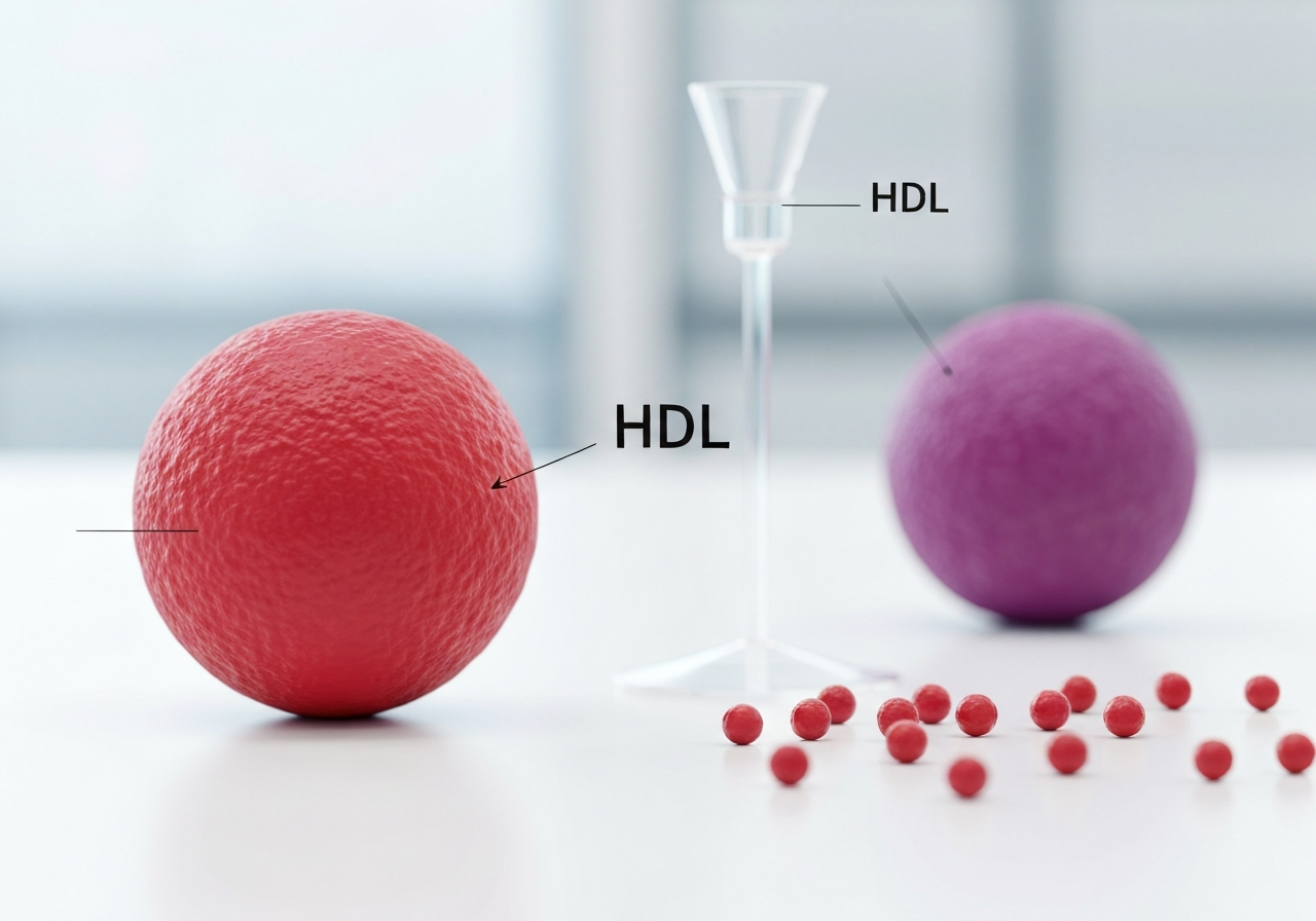A professional medical illustration showing cholesterol particles in a clean, modern lab setting, LDL and HDL models in vibrant colors, soft natural light, macro lens, professional depth of field, minimalist background, no text, no words, no letters