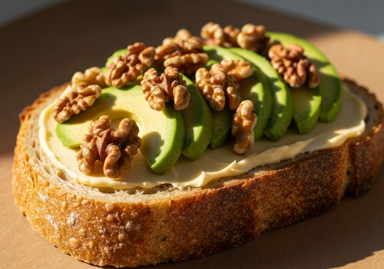 A macro shot of a gourmet slice of whole-grain sourdough bread spread with premium plant-based buttery spread, surrounded by fresh avocado and raw nuts on a clean marble surface, soft natural morning light, cinematic editorial style, 85mm lens, highly detailed, no text, no words, no letters.