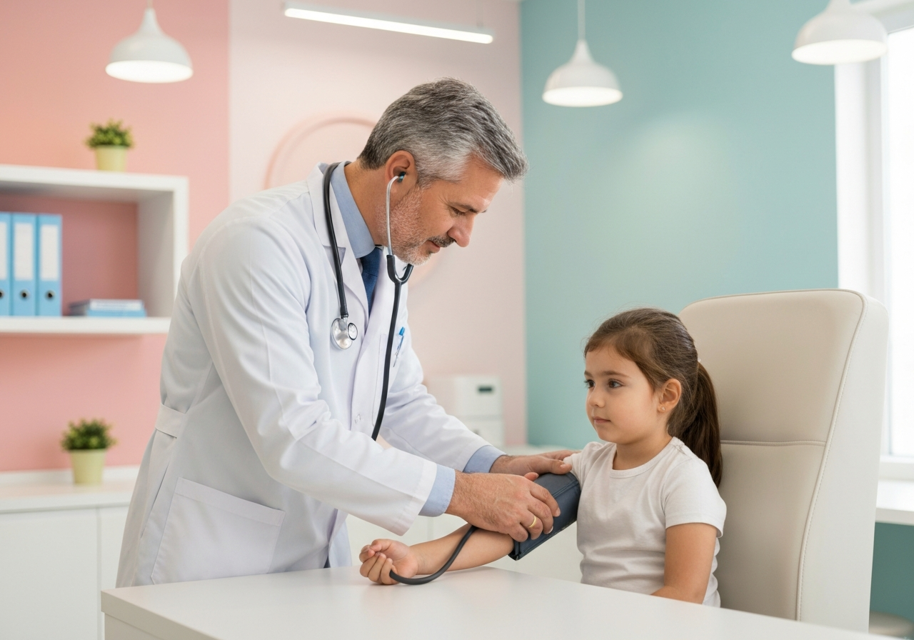 Krevní tlak u dětí: Kdy začít panikařit? (Návod) 2 A professional pediatrician in a modern clinic examining a young child's blood pressure with a soft, caring expression, bright clinical setting, editorial photography, soft natural light, 85mm lens, shallow depth of field, no text, no words, no letters.