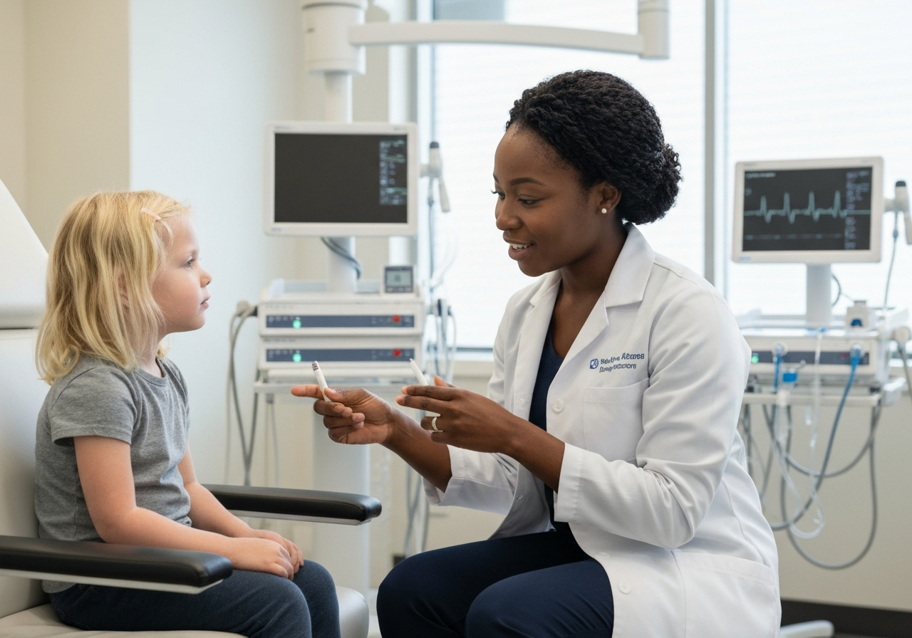 Krevní tlak u dětí: Kdy začít panikařit? (Návod) 3 A diagnostic medical examination of a child's heart health, pediatrician consulting with a young patient in a modern bright office, medical equipment in the background, professional editorial photography, soft natural lighting, 85mm lens, high quality, no text, no words, no letters.