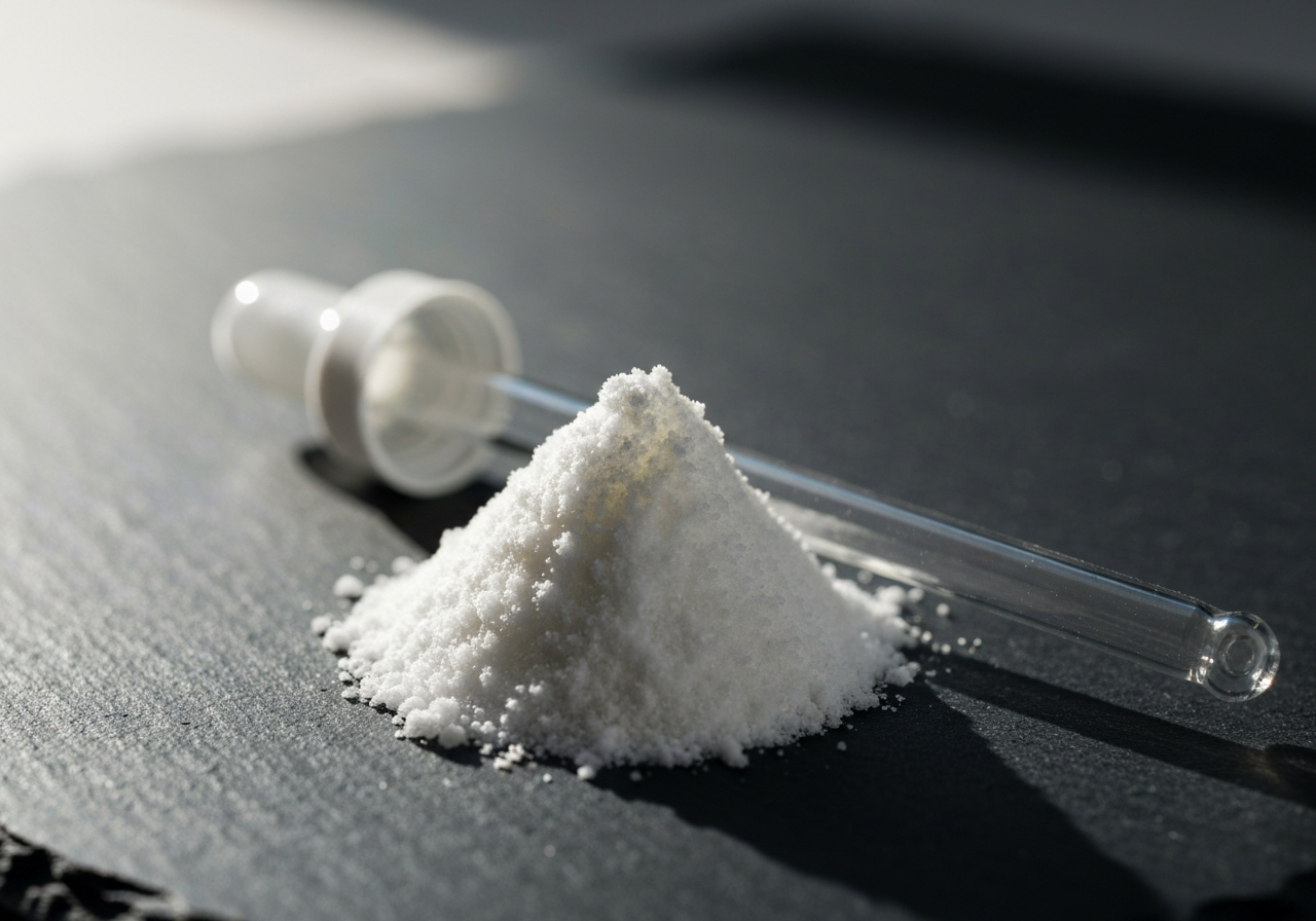 A macro, high-resolution aesthetic shot of crystalline pure ascorbic acid powder on a clean dark slate surface, glass dropper nearby, soft morning light, professional editorial style, 85mm lens, depth of field, no text, no words, no letters.