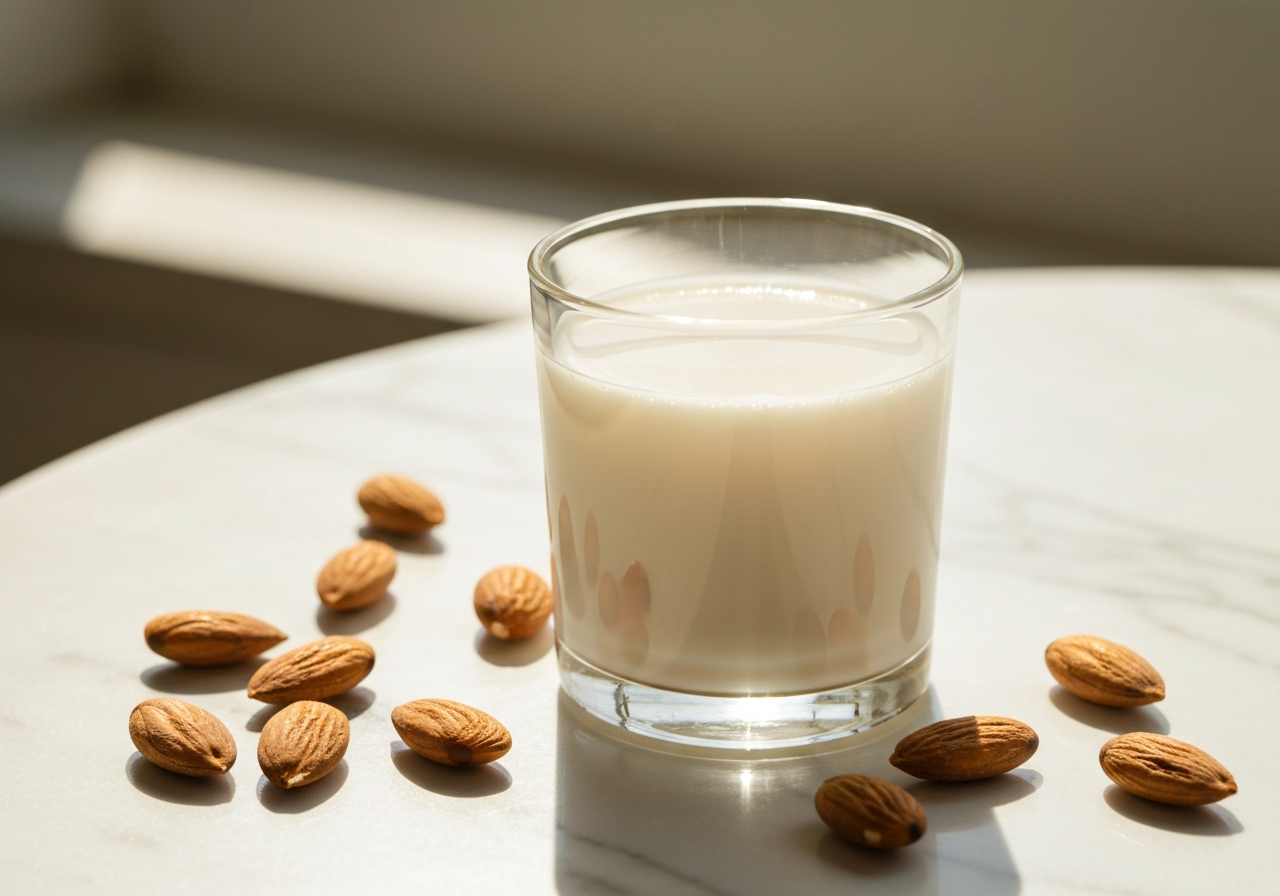 A macro shot of a glass of almond milk on a minimalist marble table, sunlight streaming through, fresh almonds scattered around, soft bokeh background, editorial style, professional food photography, 85mm lens, no text, no letters