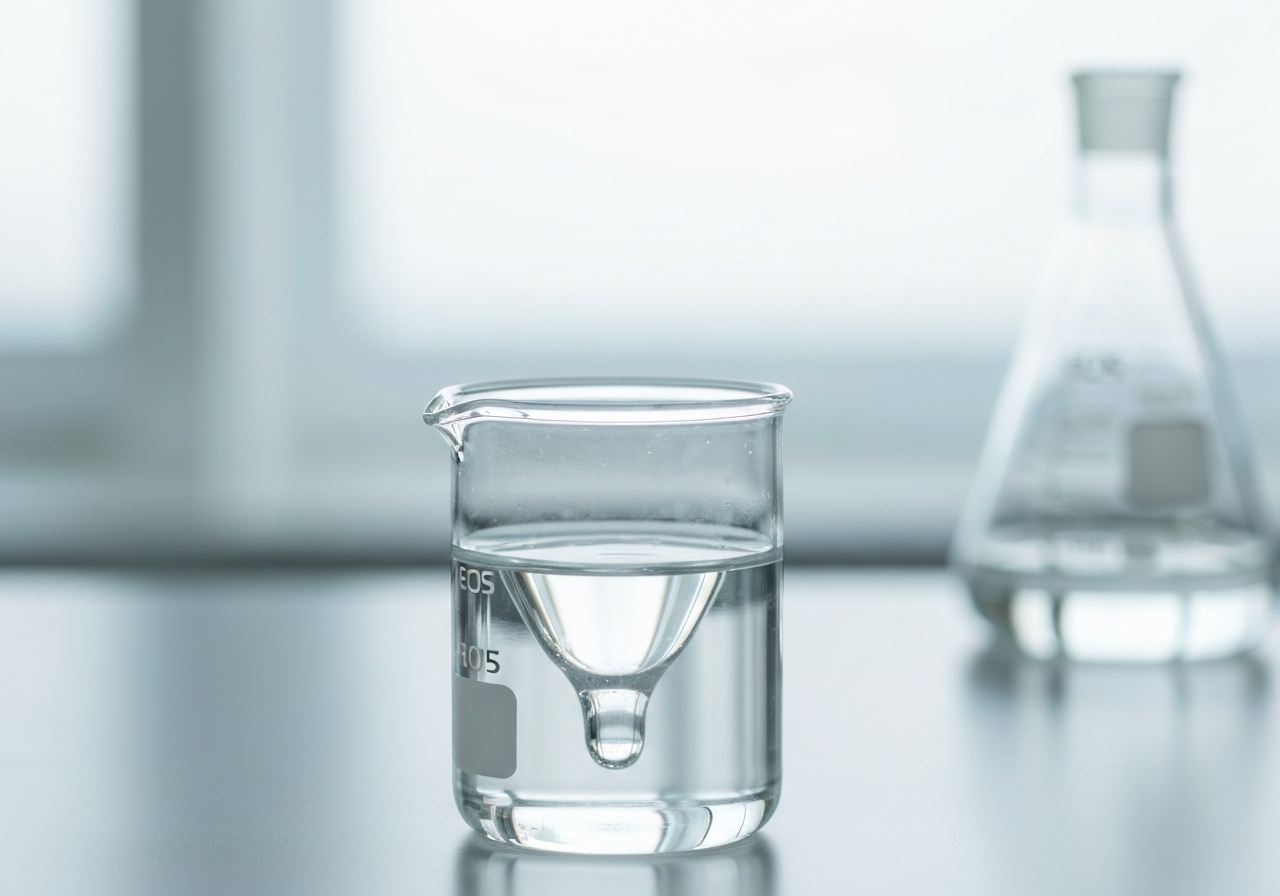 A professional dermatological laboratory setting with a glass beaker containing a clear viscous liquid, minimalist aesthetic, clean clinical environment, soft natural light, 85mm macro lens, depth of field, no text, no words, no letters.