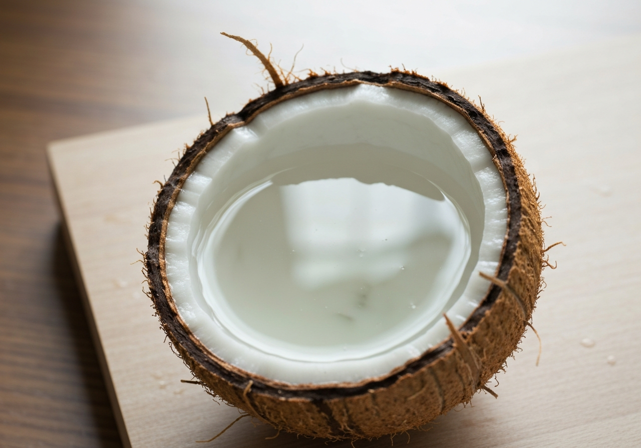 A macro shot of a freshly cracked coconut showing both the clear water and the pure white meat inside, minimalist wooden surface, soft natural light, editorial photography, 85mm lens, highly detailed, no text, no letters
