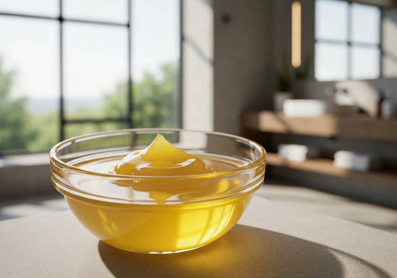 A macro shot of high-quality organic coconut oil in a glass bowl, blurred modern minimalist bathroom background, editorial photography, soft natural light, 85mm lens, high-end wellness aesthetic, no text, no letters