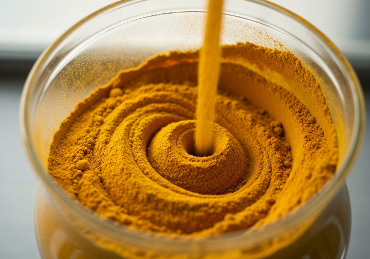 Fermentovaný kurkumin: Lék na zánět? (Pravda 2026) 2 A macro shot of vibrant golden turmeric powder being processed through a laboratory fermentation glass vessel, clinical but organic aesthetic, soft natural light, premium editorial style, 85mm lens, no text, no letters