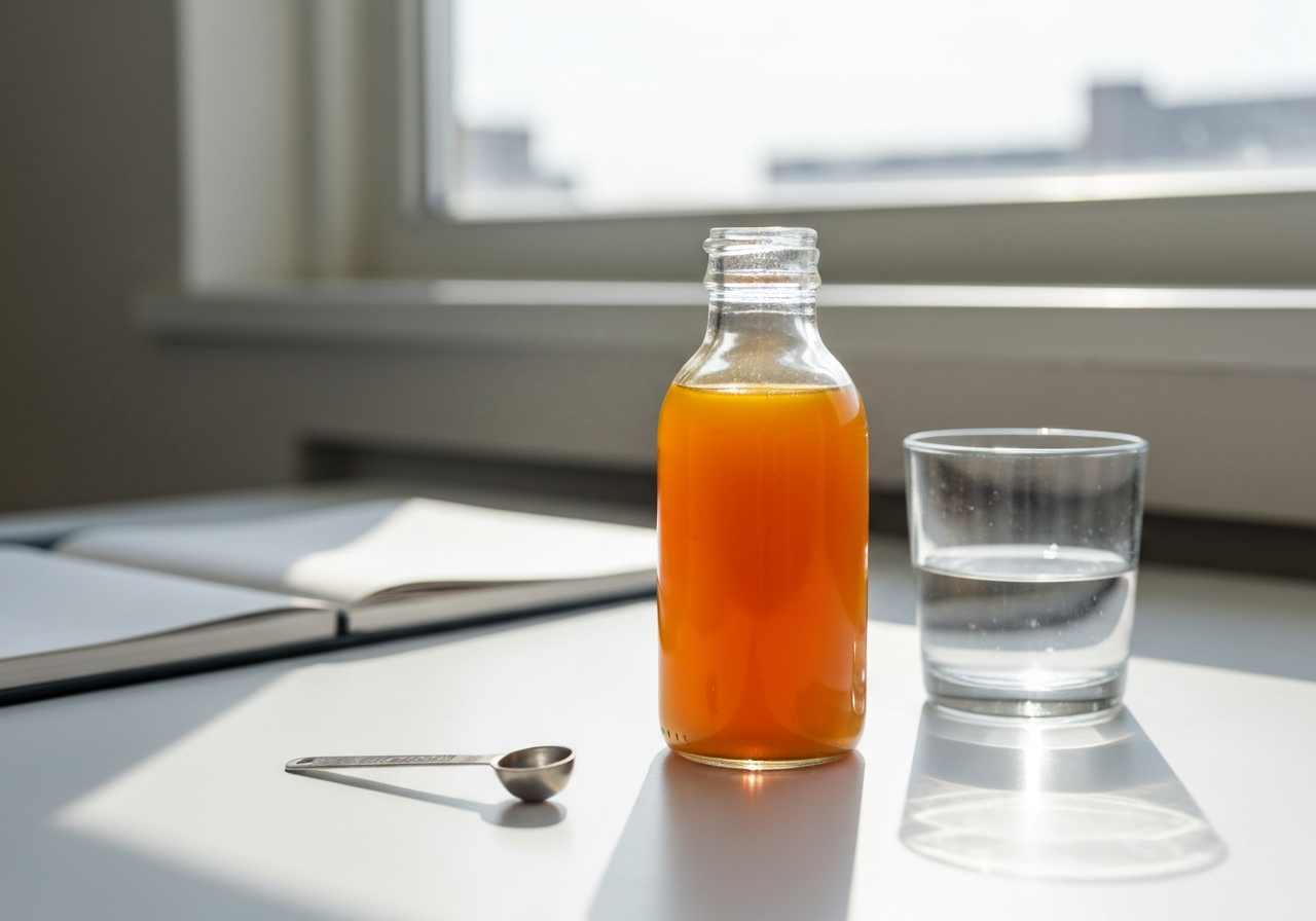 Fermentovaný kurkumin: Lék na zánět? (Pravda 2026) 3 A professional nutritionist's desk with a glass bottle of liquid fermented turmeric, a measuring spoon, and a glass of water, clinical aesthetic, soft natural sunlight, macro lens focus on the amber liquid, high-end editorial photography, no text, no words, no letters
