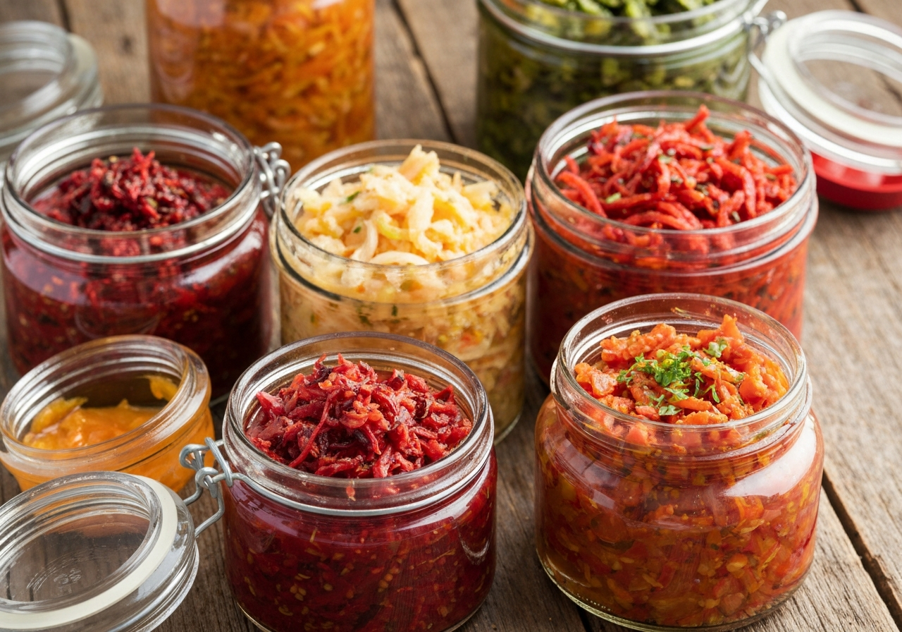 Macro close-up of colorful fermented vegetables in glass jars on a rustic wooden table, aesthetic editorial photography, soft natural light, 85mm lens, depth of field, premium quality, no text, no words, no letters