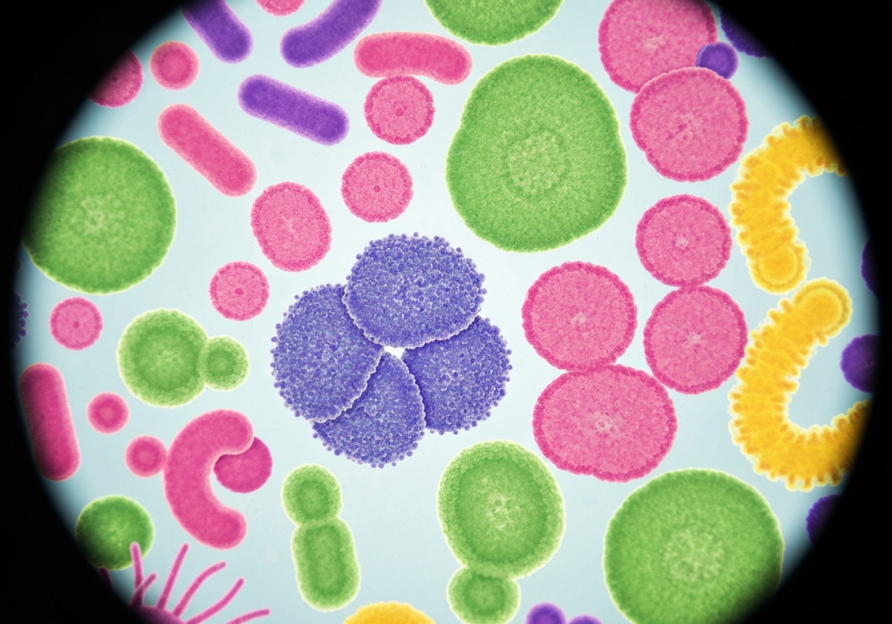 A microscopic close-up view of vibrant, diverse probiotic bacteria colonies, clinical laboratory aesthetic, soft bokeh, premium medical photography, 85mm lens, high detail, no text, no words, no letters