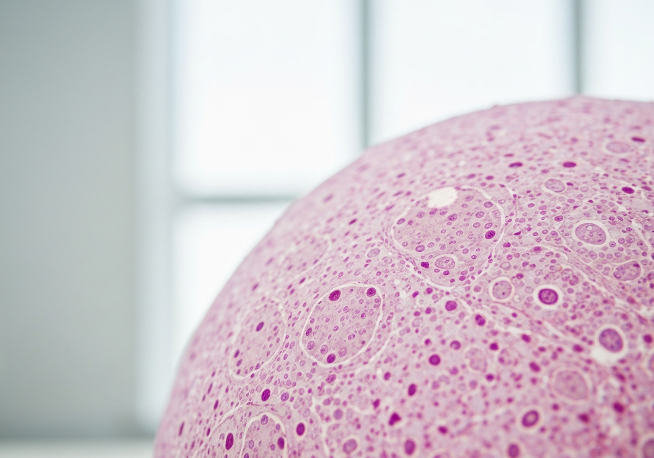 A professional veterinary laboratory setting with microscopic view of liver cells, clean modern aesthetic, soft natural light, depth of field, 85mm lens, highly detailed, no text, no words, no letters