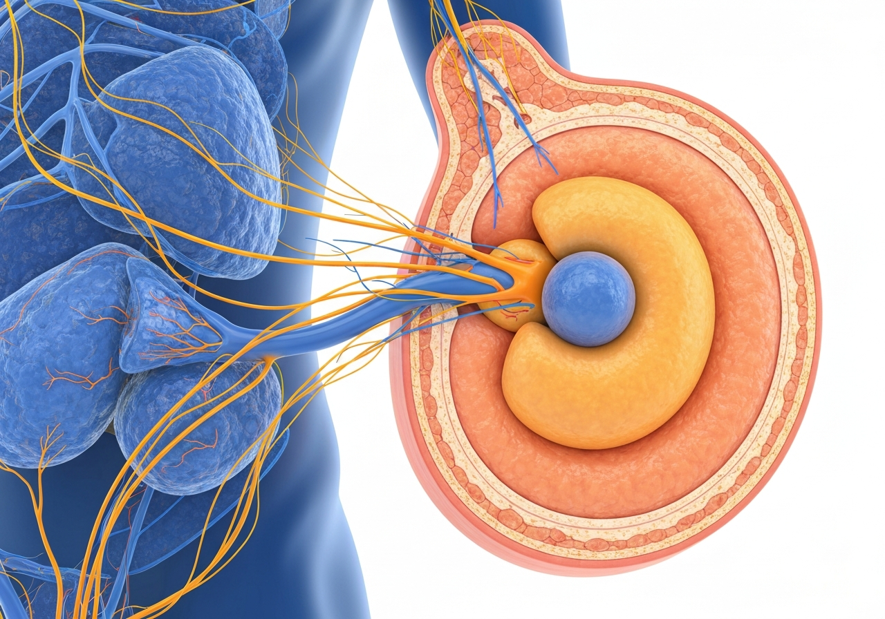 A professional cross-section illustration showing human physiology, the nervous system interacting with fat cells, clinical and clean background, blue and warm orange contrast, editorial photography, 85mm lens, highly detailed, no text, no words, no letters
