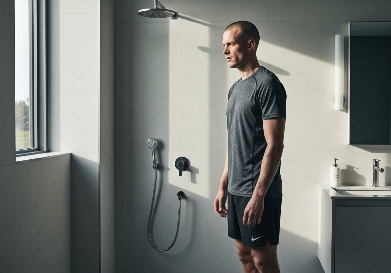 A professional athlete preparing for a cold water immersion, standing in a clean, minimalist bathroom with a shower, soft morning natural light, high-end editorial photography style, 85mm lens, neutral tones, hyper-realistic, no text, no words, no letters