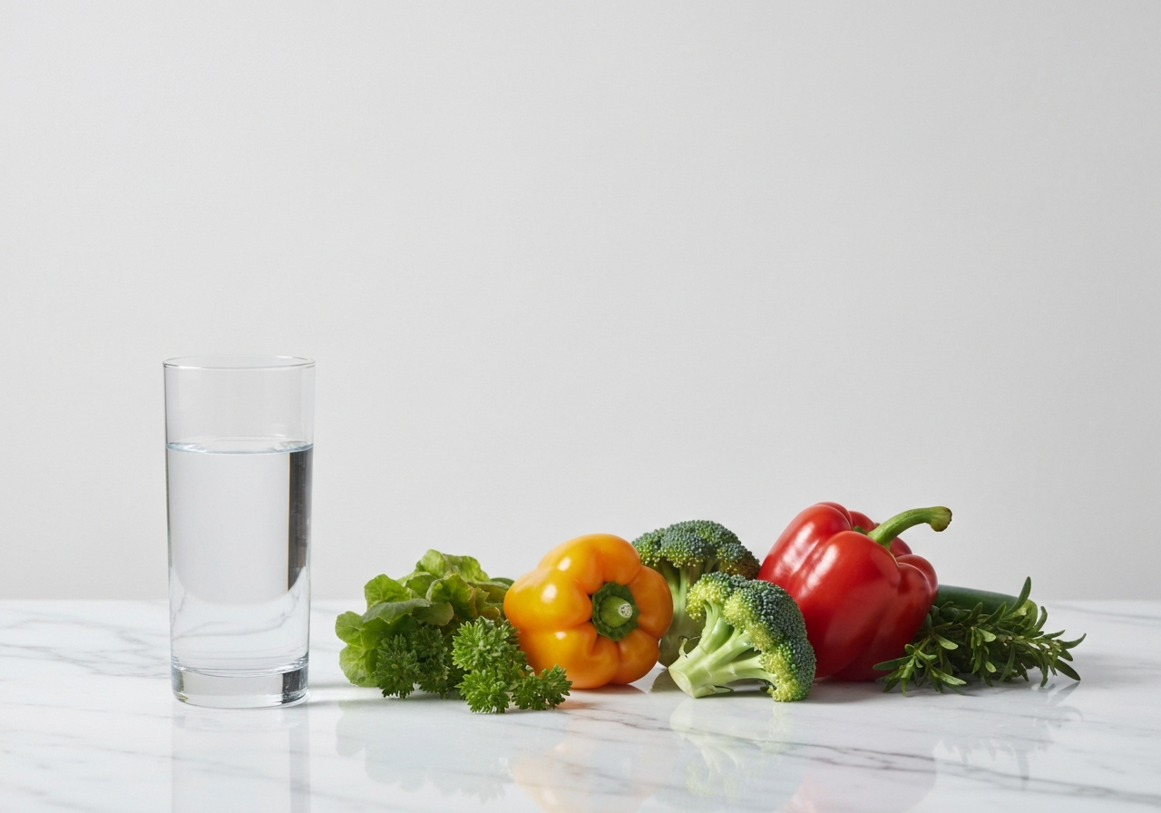 A clean, minimalist composition showing a glass of clear water next to fresh, vibrant seasonal vegetables on a marble countertop, soft natural light, editorial photography, 85mm lens, high resolution, no text, no words, no letters