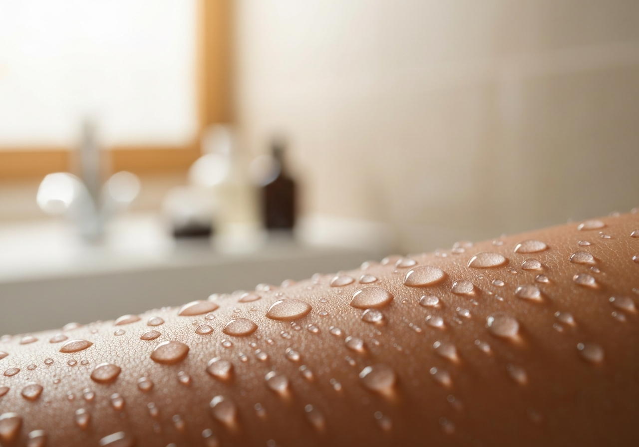 A macro shot of water droplets on clean skin, soft focus background of a spa-like bathroom, premium editorial style, natural morning light, 85mm lens, high resolution, no text, no letters