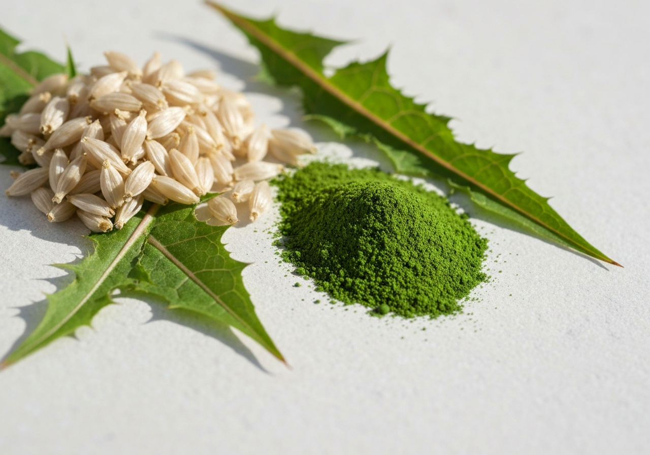 Macro photography of milk thistle seeds, dandelion leaves, and emerald green chlorella powder arranged on a minimalist white stone surface, soft natural morning light, 85mm lens, high resolution, no text, no words, no letters.