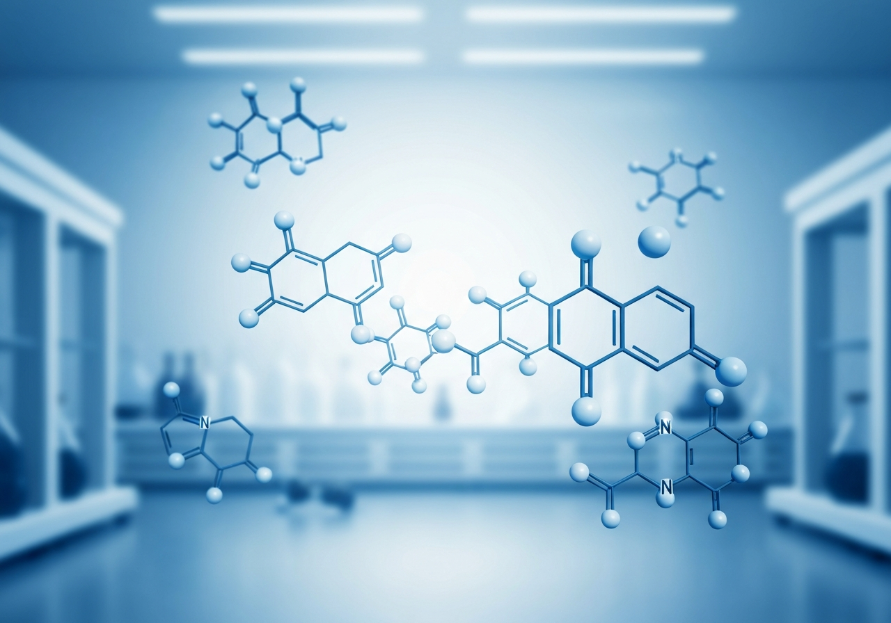 Epichlorhydrin v produktech: Je nebezpečný? (Fakta) 2 A microscopic view of chemical molecular structures in a clean, laboratory setting, blue and white color palette, professional scientific photography, soft focus background, high detail, 85mm lens, no text, no words, no letters.