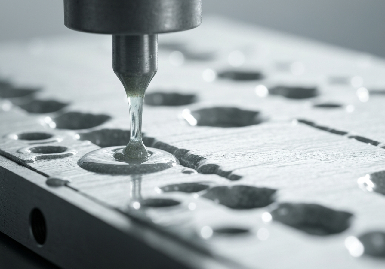 Epichlorhydrin v produktech: Je nebezpečný? (Fakta) 3 Macro industrial shot of high-grade epoxy resin molding process, sterile laboratory environment, clean aesthetics, premium technical photography, soft studio lighting, shallow depth of field, 85mm lens, high resolution, no text, no words, no letters