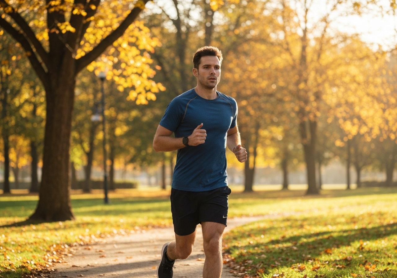 Špatná imunita? 5 příčin, které neznáte (Řešení) 3 A professional athlete jogging through a serene, sunlit park during autumn, soft natural light, editorial photography, 85mm lens, depth of field, high contrast, realistic texture, no text, no words, no letters