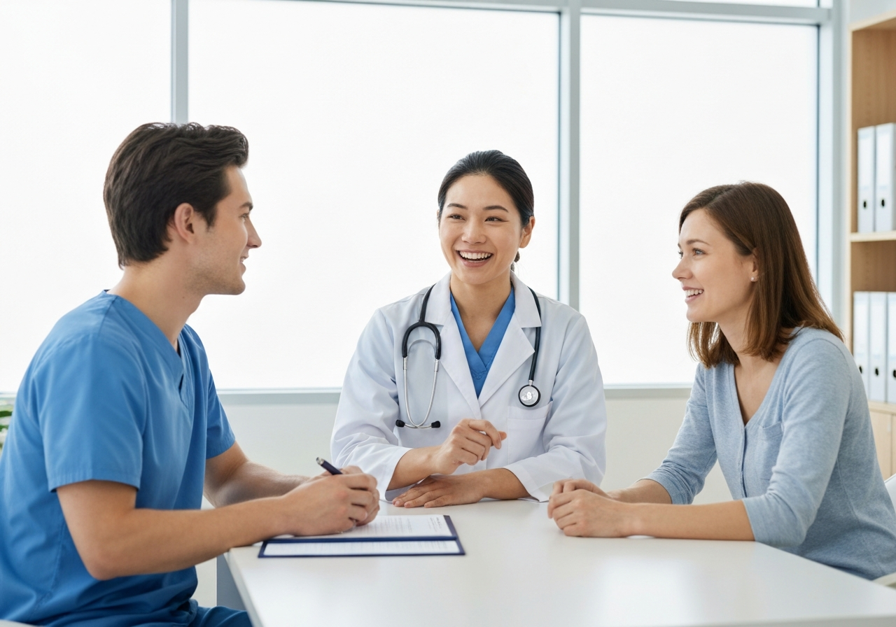A professional pediatrician consulting with young parents in a modern, light-filled clinic, the atmosphere is calm and professional, focus on empathy and education, soft natural lighting, editorial photography style, 85mm lens, high quality, no text, no letters
