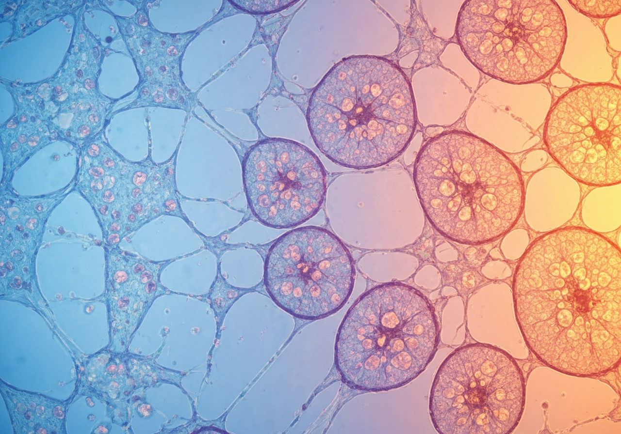 A microscopic detailed visualization of human adipose tissue cells activating under thermal stress, scientific aesthetic, clean laboratory background, soft blue and warm orange lighting, 85mm macro lens, high-end editorial style, no text, no words, no letters