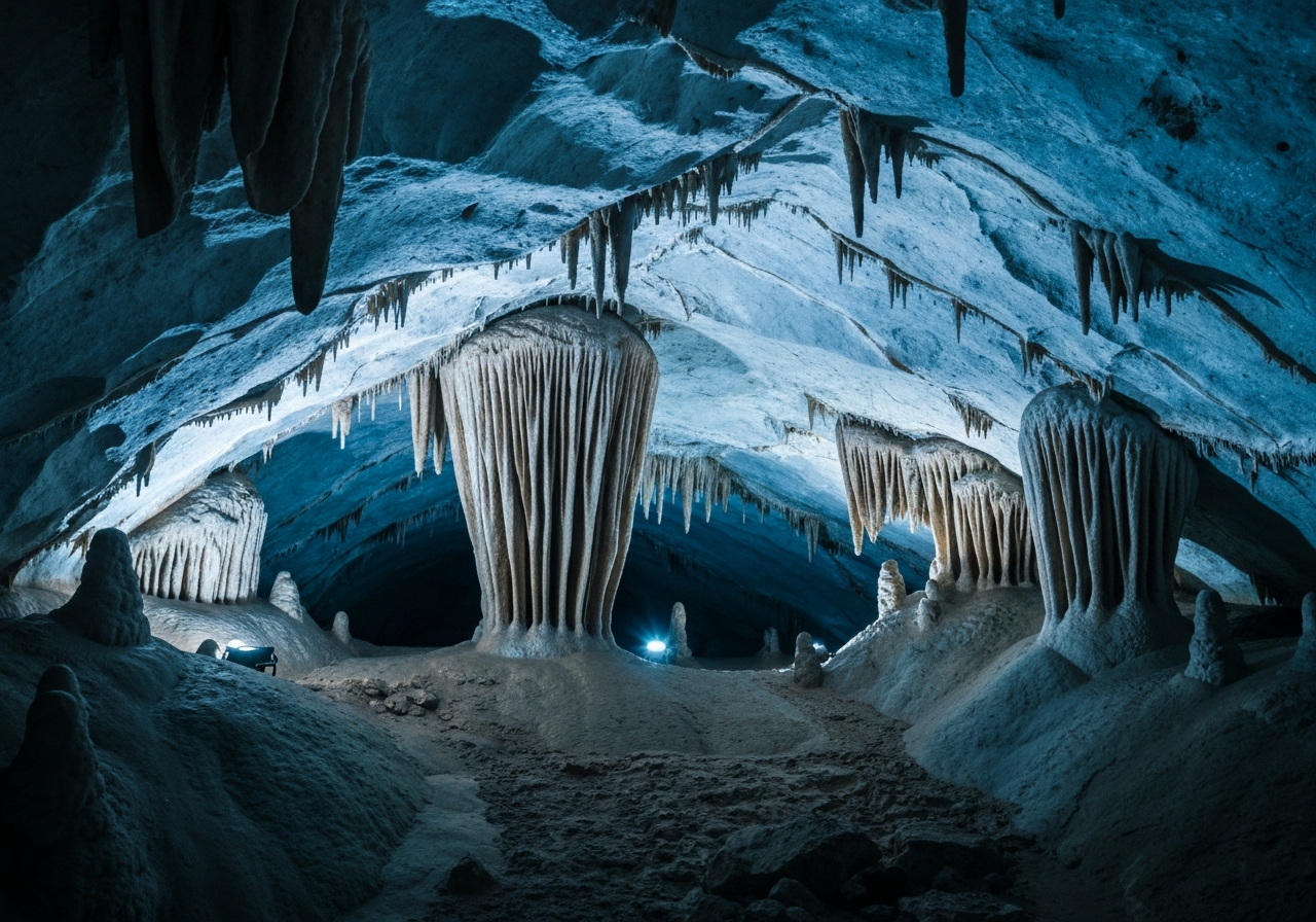 Interior of a pristine, naturally formed limestone cave with visible stalactites, cool blue and earthy tones, editorial photography style, clean atmosphere, soft ambient lighting, 85mm lens, high resolution, no text, no letters