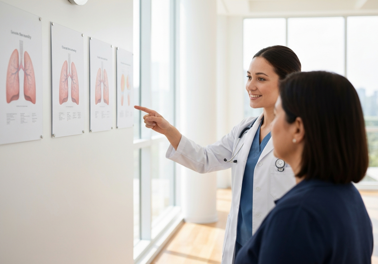 A professional medical consultation in a bright, modern wellness facility, a doctor pointing at lung capacity charts, clinical atmosphere, premium aesthetic, soft natural light, 85mm lens, highly detailed, no text, no words, no letters
