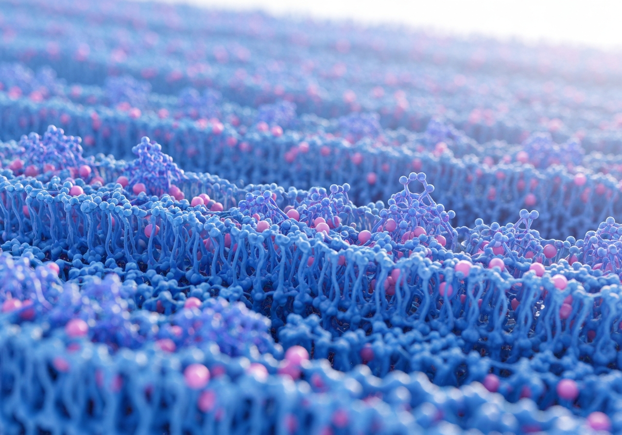 A microscopic 3D render of human cell membrane structures with integrated lipid molecules, clean laboratory aesthetic, soft clinical lighting, macro photography, high resolution, no text, no letters