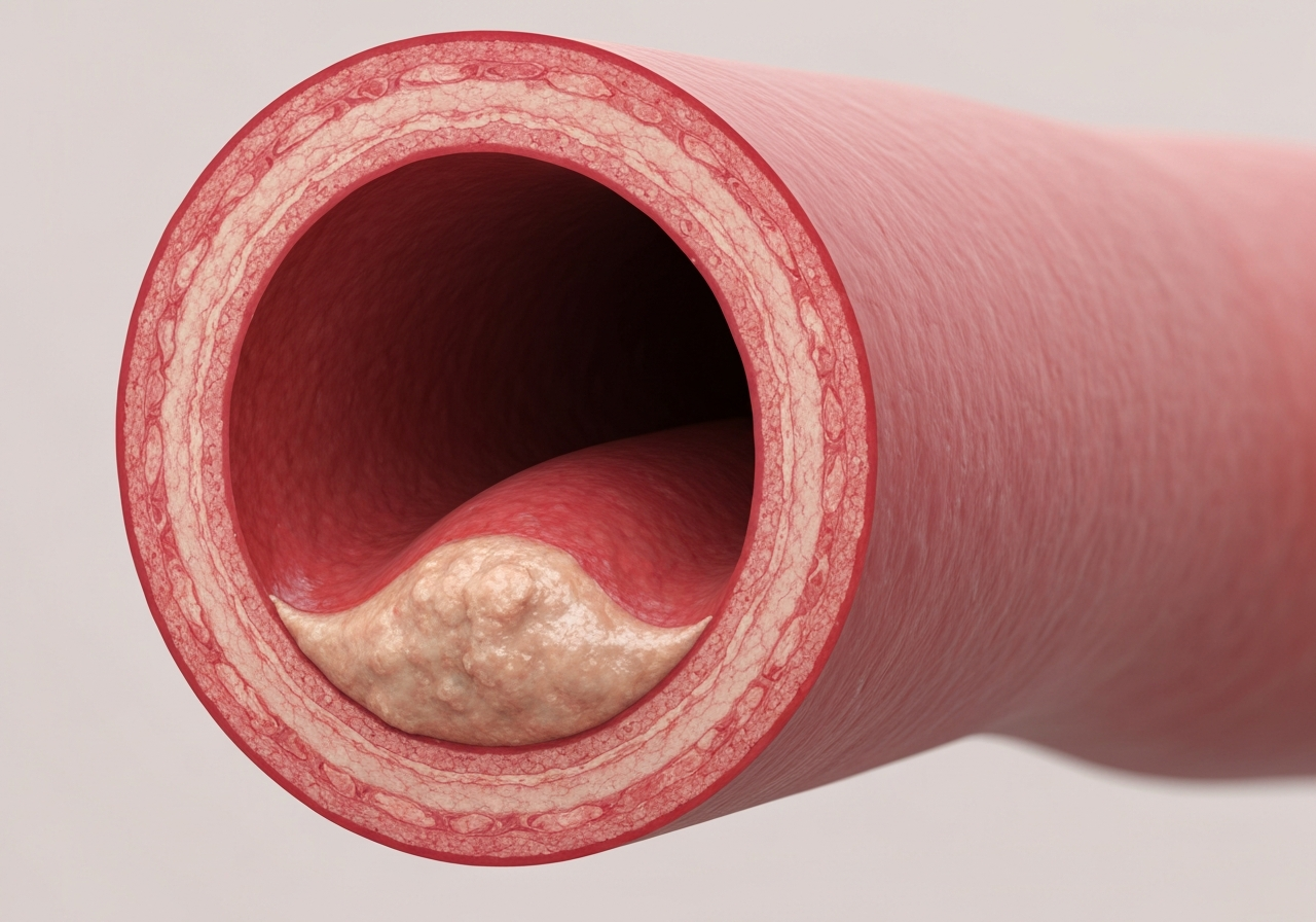 A macro medical visualization of a healthy human artery cross-section showing smooth inner lining versus a partially blocked vessel with arterial plaque, clinical aesthetic, professional medical photography, soft studio lighting, 85mm lens, high resolution, no text, no letters.
