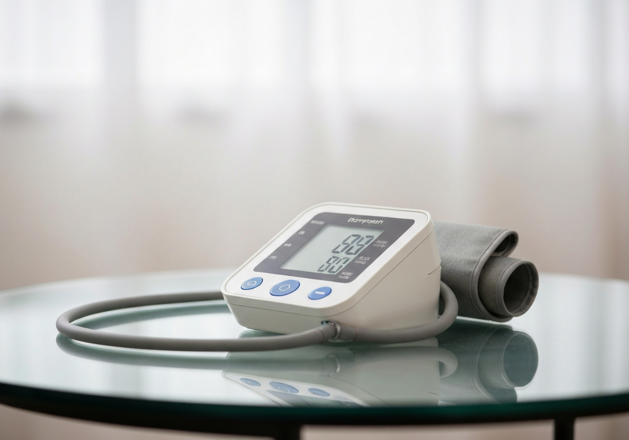 Prevence hypertenze: 7 rychlých kroků (Za 5 minut) 2 A professional medical aesthetic shot of a modern, clean digital blood pressure monitor on a glass table, soft natural daylight, shallow depth of field, 85mm lens, premium atmosphere, no text, no words, no letters.