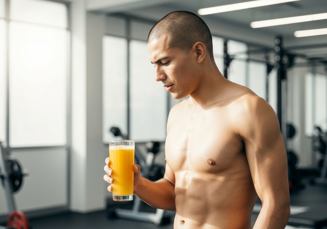 Budování svalové hmoty: Pomůže Vitamín C? (Analýza 2026) 2 A professional athlete holding a glass of fresh citrus juice in a modern, sunlit training facility, aesthetic editorial photography, soft natural light, shallow depth of field, 85mm lens, high resolution, no text, no words, no letters