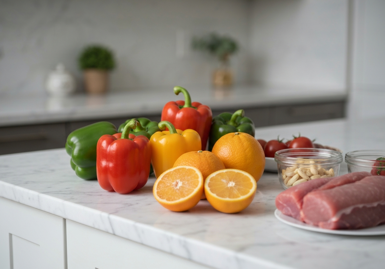 Budování svalové hmoty: Pomůže Vitamín C? (Analýza 2026) 3 A professional athlete’s healthy meal prep featuring colorful bell peppers, citrus fruits, and lean protein, arranged on a marble kitchen surface, soft natural light, 85mm lens, depth of field, premium editorial style, no text, no words, no letters