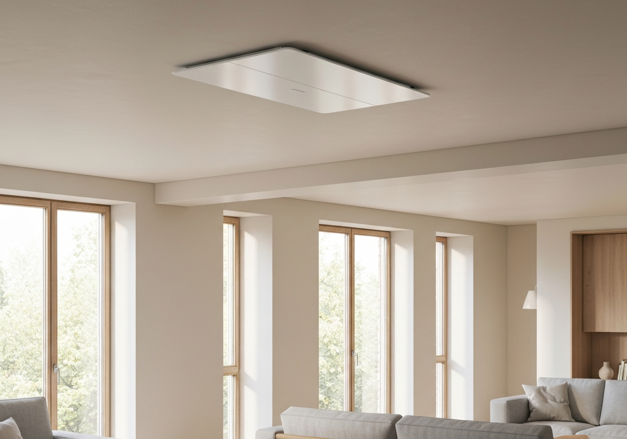 Infrapanely: Jsou skutečně zdravé? (Pravda odhalena) 3 A modern, minimalist living room interior showing a ceiling-mounted infrared heating panel in a sleek white finish, soft natural light streaming through large windows, high-end editorial photography style, focus on energy efficiency and architectural design, 85mm lens, depth of field, no text, no words, no letters.